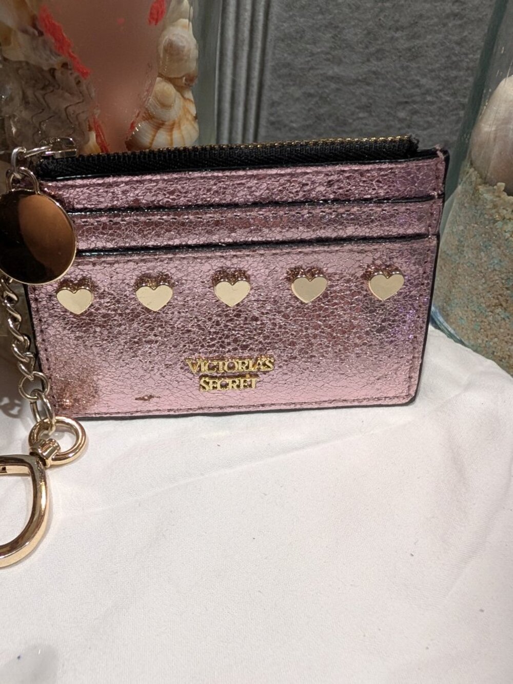Victoria’s Secret Metallic Rose Pink Heart Cardholder Wallet with Gold Keychain
